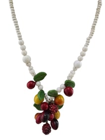 AMAZING VINTAGE MILK GLASS AND WOODEN FRUIT NECKLACE