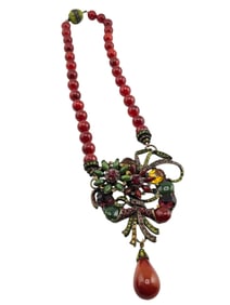 VINTAGE ENAMELED JEWELED FLORAL PENDANT ON GLASS BEADED CHAIN - ATTRIBUTED TO HEIDI DAUS