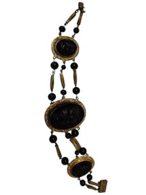 ANTIQUE SIGNED CZECHOSLOVAKIA BLACK MOLDED GLASS TRIPLE CAMEO BRACELET