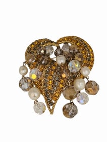 FUN AND FABULOUS 2 TONE RHINESTONE HEART CHARM CHA BROOCH