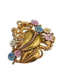 FABULOUS ENAMELD FLOWER AND DOUBLE LEAF ANTIQUE FUR CLIP