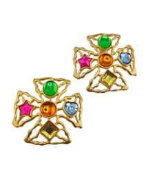 VINTAGE JJ SIGNED COLORFUL MALTESE CROSS PIERCED EARRINGS