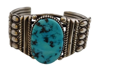 VINTAGE SIGNED SILVER AND TURQ NAVAJO CUFF BRACELET