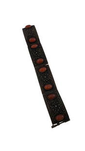 VINTAGE ISRAELI STERLING AND CARNELIAN? ETRUSCAN STYLE PANEL BRACELET: VINTAGE ISRAELI STERLING AND CARNELIAN? ETRUSCAN STYLE PANEL BRACELET. 6.", TESTS AS SILVER, HEBREW WRITING ON THE BACK, HINGED, PIN CLOSURE, STONES TEST SLIGHTLY ABOVE GLASS ON THE PRESIDIUM GEM TEST