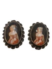 VINTAGE STERLING AD PAINTED PORCELAIN PORTRAIT SCREW BACK EARRINGS