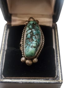 VINTAGE SIGNED CORTEZ H STERLING & TURQUOISE NAVAJO RING SIZE 3.5