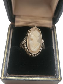 ANTIQUE ART DECO STERLING CAMEO/ONYX FLIP RING SIZE 7.5