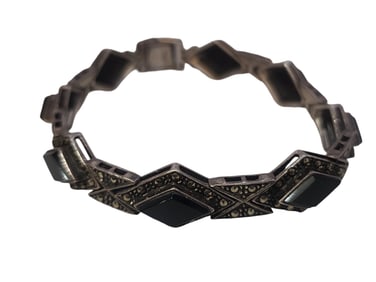VINTAGE ART DECO STYLE STERLING, ONYX, MARCASITE BRACELET