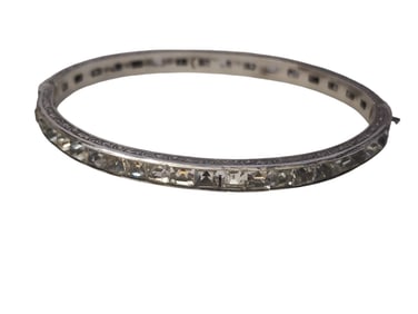 ANTIQUE STERLING CHANNEL SET FANCY ART DECO SQUARE RHINESTONE BANGLE BRACELET