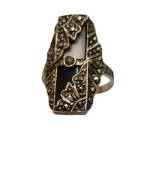 SPECTACULAR STERLING MARCASITE OPAL AND ONYX RING SIZE 6.5