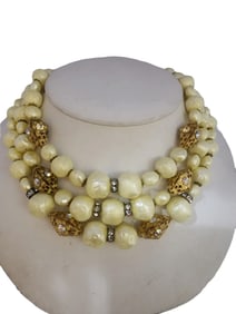 VINTAGE TRIPLE STRAND RESIN AND METAL BEADED NECKLACE