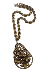 VINTAGE BRASS FLOWER PENDANT ON HEAVY ROPE CHAIN