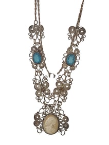 VINTAGE SILVERTONE CAMEO AND GLASS FILIGREE NECKLACE