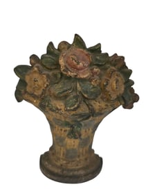 ANTIQUE HEAVY ENAMELED CAST IRON FLOWER BASKET DOOR STOP