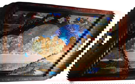 ANTIQUE BUTTERFLY WING/PRINT LAST SUPPER INLAID WOOD TRAY OR PHOTO