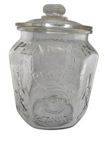 ANTIQUE HEAVY PLANTERS PENNANT 5c PEANUT GLASS COVERED JAR SAYS SOLD ONLY IN PRINTED PLANTERS RED