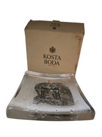 VINTAGE B. VALLIEN FOR KOSTA BODA DOMINO HEAVY GLASS DISH IN ORIGINAL BOX