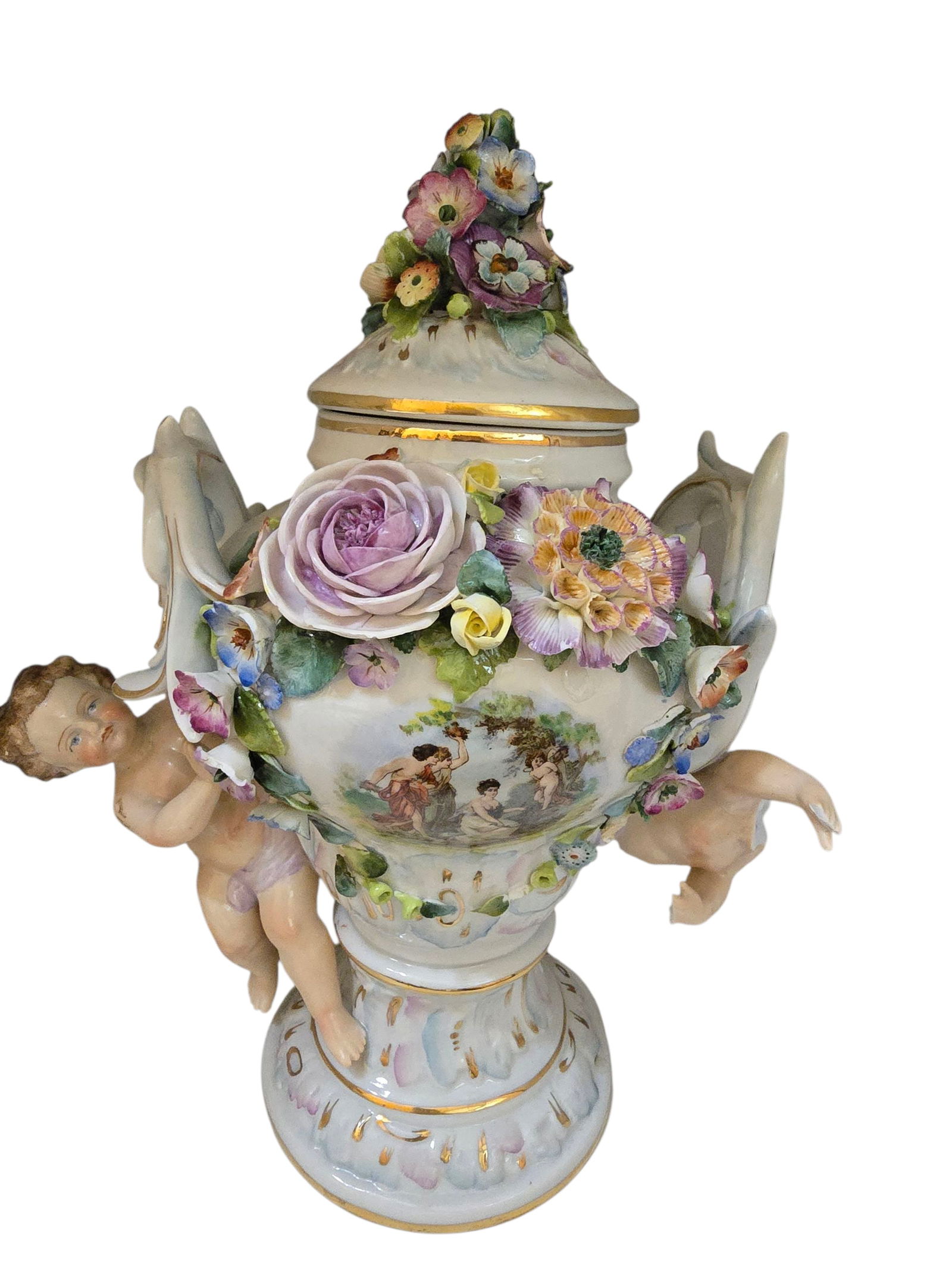 ANTIQUE DRESDEN? STUNNING FLORAL & CHERUB COVERED TALL JAR *AS IS*: ANTIQUE DRESDEN? STUNNING FLORAL & CHERUB COVERED TALL JAR *AS IS*. FAIR TO GOOD CONDITION EXCEPT 1 CHERUB IS MISSING THE HEAD, FINGERS AND WINGS. THE OTHER IS MISSING THE WINGS. SOME EDGE MISSING FRO