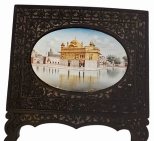 ANTIQUE GOUACHE MINIATURE OF THE GOLDEN TEMPLE AT AMRITSAR IN CARVED EBONY WOOD EASEL BACK FRAME
