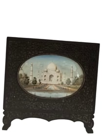 ANTIQUE GOUACHE MINIATURE OF THE TAJ MAHAL IN CARVED EBONY WOOD EASEL BACK FRAME