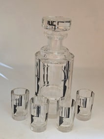ART DECO DECANTER + WHISKEY SET IN THE STYLE OF OR POSSIBLY BY KARL PALDA. VERY GOOD CONDITION, ONE