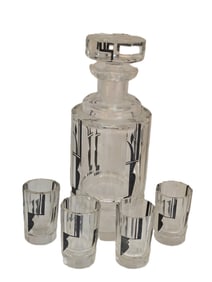 ART DECO DECANTER + WHISKEY SET IN THE STYLE OF OR POSSIBLY BY KARL PALDA. VERY GOOD CONDITION, ONE