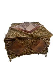 ANTIQUE GLASS AND GILT FILIGREE ELABORATE EXCEPTIONAL JEWELRY CASKET BOX