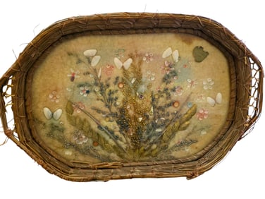 ANTIQUE WICKER BASKET TRAY WITH DRIED FLOWERS