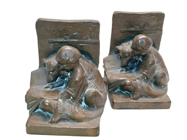 ANTIQUE PAIR OF W.B BRONZE GIRL WITH DOG "COMPANIONS" BOOKENDS