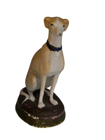PAIR OF ANTIQUE ENGLISH PORCELAIN BISQUE GREYHOUND/WHIPPET FIGURINES