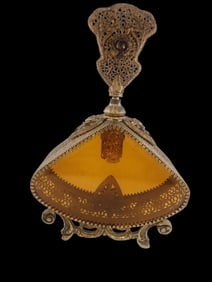 VINTAGE HOLLYWOOD REGENCY GLASS AND DECORATIVE BRASS PERFUME BOTTLE