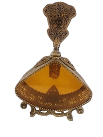 VINTAGE HOLLYWOOD REGENCY GLASS AND DECORATIVE BRASS PERFUME BOTTLE