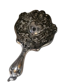 VINTAGE SILVERPLATED ELABORATE CHERUB PLAYING MUSICAL INSTRUMENTS HAND MIRROR