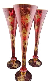 SET OF 3 CRANBERRY FLASHED PAINTED BOHEMIAN GLASS FLUTE VASES