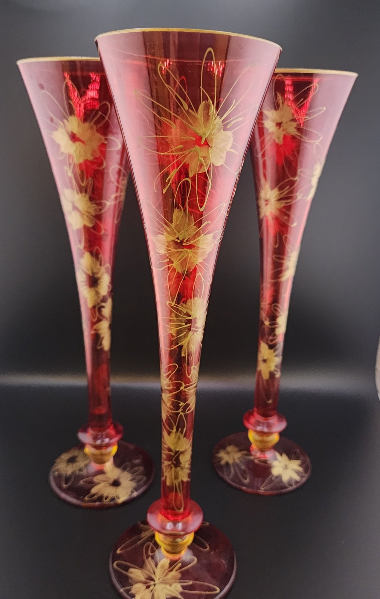SET OF 3 CRANBERRY FLASHED PAINTED BOHEMIAN GLASS FLUTE VASES (1 of 5)