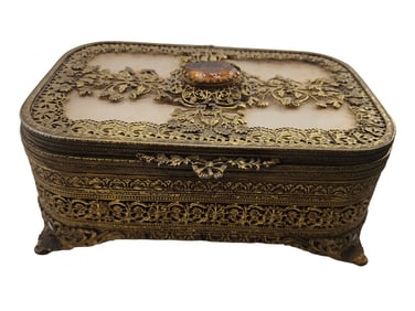VINTAGE CZECH FACETED GLASS AND FILIGREE FOOTED CASKET