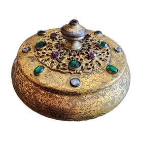 ANTIQUE GILT BRONZE & JEWELED POWDER COVERED JAR