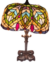 BEAUTIFUL SLAG GLASS AND METAL-STAINED GLASS LAMP