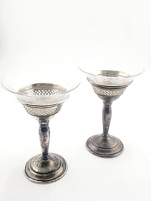 VINTAGE EL-SIL-CO PAT 986 958 DECORATIVE PIERCED STERLING AND ETCHED GLASS GLASSES SET OF 2