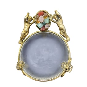VINTAGE SEMI PRECIOUS DORE BRONZE CHERUB FOOTED GLASS TRINKET DISH