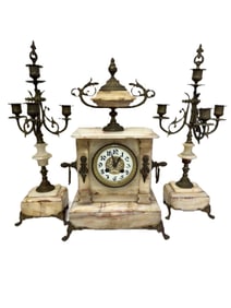 Antique Japy Freres French White Onyx Stone Mantle Clock with Two Candelabras, set of 3