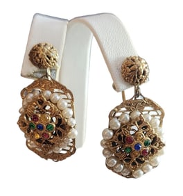 VINTAGE CZECH RHINESTONE PEARL & FILIGREE SCREW BACK EARRINGS
