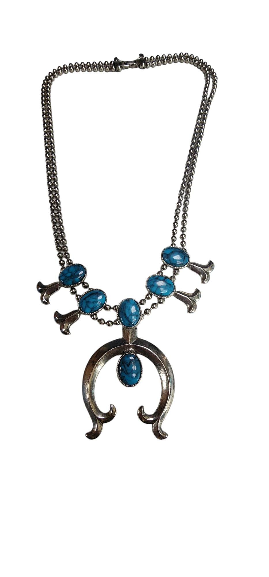 VINTAGE SIGNED GOLDETTE SQUASH BLOSSOM NECKLACE: Vintage Signed Goldette Squash Blossom Necklace Size: 33" Color: Silver, Blue Condition: Very good vintage Signed: Goldette WE PROVIDE FREE IN-HOUSE SHIPPING WITHIN THE U.S.