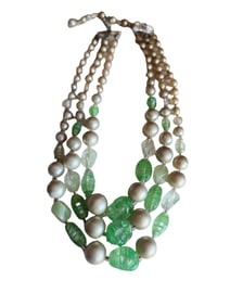 VINTAGE JAPAN ALL GLASS PEARL & ART GLASS TRIPLE STRAND NECKLACE