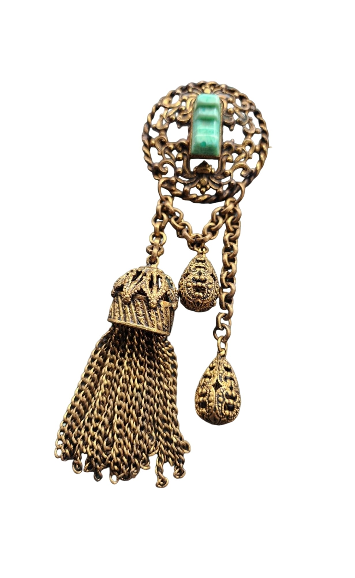 VINTAGE SPECKLED GLASS BRASS OLDER CHATELAINE TYPE BROOCH: Vintage Speckled Glass Brass Older Chatelaine Type Brooch (A4258) Size: 6" Color: Gold Condition: Good vintage Signed: None Details: Very unique. Nice patina to metal WE PROVIDE FREE IN-HOUSE SHIPPING