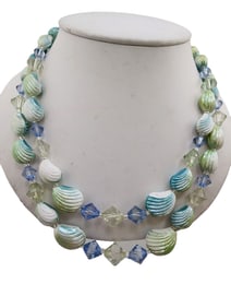 VINTAGE SIGNED JAPAN 2 TONE GLASS SHELL & CRYSTAL NECKLACE