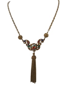 VINTAGE UNIQUE SPECKLED GLASS FILIGREE TASSEL NECKLACE