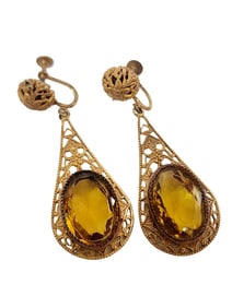 ANTIQUE ART DECO FACETED GLASS & FILIGREE SCREW BACK EARRINGS