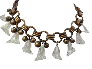 VINTAGE HASKELL MOLDED GLASS FLOWER & BRASS BALLS CHAIN BIB NECKLACE