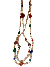 VINTAGE 58" GLASS PEARL & ART GLASS HAND KNOTTED NECKLACE